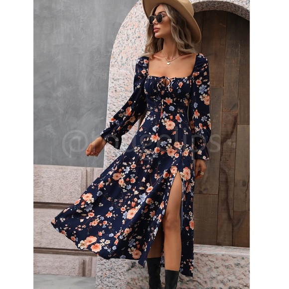 Floral Dress Square Neck Fit & Flare Maxi Long Sleeve Leg Slit Front Ties Blue - Picture 2 of 16